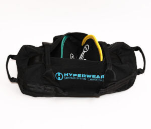 Small Hyperwear Sandbag with open zipper showing SandBell workout sandbags as filler bags